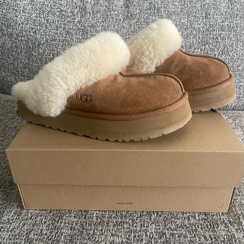 UGG Chestnut Suede Shearling Clogs Platform Size … - image 1